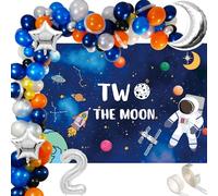 Juego de 119 decoraciones de fiesta de cumpleaños "Two the Moon", 1,5 x 0,9 m, telón de fondo para fotografía espacial, globos para astronauta, hombre del espacio, robot ovni