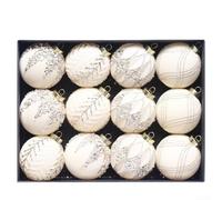 Juego de 12 adornos de bolas de Navidad flocadas, bolas de purpurina de 8 cm para decoración de árbol de vacaciones, decoraciones colgantes de plástico coloridas (beige)