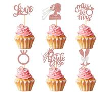 Juego de 12 adornos para cupcakes de color oro rosa con purpurina, para fiestas de novias, juego de 6 diseños, Love Miss to Mrs Bride to Be