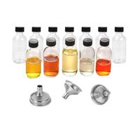 Juego de 12 botellas de vidrio con tapas, recipientes de transparentes de tamaño de viaje de 2 onzas, diseño a prueba de fugas, incluye 3 embudos de acero inoxidable para aceites, pociones y