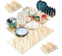 Juego de 12 cajones de madera con tablero perforado, ideal para recipientes de alimentos y utensilios (acabado de madera natural de 17 pulgadas), 96 clavijas para almacenamiento de platos y utensilios