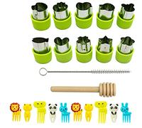 Juego de 12 Cortadores de Verduras para Niños, Cortador de Frutas de Acero Inoxidable, Cortador de Sándwich para Niños con 10 Palillos de Frutas, Cepillo y Palo de Madera
