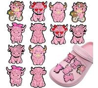 Juego de 12 dijes de vaca rosa para zapatos de las Tierras Altas, bonitos dijes de cocodrilo para zapatos tipo zueco, adorables accesorios de zapatos para niñas, niños y adolescentes, perfectos para