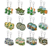Juego de 12 llaveros de Irlanda, recuerdos irlandeses, recuerdos de fiesta del día de San Patricio, llaveros acrílicos de trébol de Galway, nudo celta, mochila, dijes de Dublín, regalos de cumpleaños