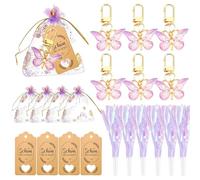 Juego de 12 llaveros de mariposa para niños, 48 unidades, llaveros, cumpleaños, fiestas, decoración para niñas con trozo, tarjeta de agradecimiento, bolsa de cierre, color violeta, regalos para