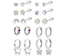 Juego de 12 pares de aretes de tuerca de acero de titanio y circonita, hipoalergénicos, parte trasera plana, aretes para cartílago para mujer, brillante, sin hilo, piercing de hélice, regalo de