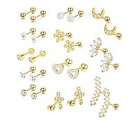 Juego de 12 pares de aretes para cartílago, acero inoxidable, corazones, flores y lunas con rosca de bola, 16G, 6 mm, piercing de hélice, tragus, regalo para mujer, Pequeño, Acero inoxidable