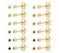 Juego de 12 pares de pendientes chapados en oro, acero inoxidable quirúrgico multicolor, piedra de nacimiento y circonita, para armas, 3 mm
