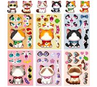 Juego de 12 pegatinas de gato, rompecabezas de gato, pegatinas para cambiar la cara, rompecabezas de animales para niños, manualidades, paquete de fiesta, regalos de cumpleaños
