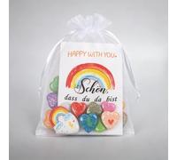 Juego de 12 piedras de la suerte, regalo de cumpleaños infantil, amuleto de la suerte con bolsa de organza y tarjeta a partir de 5 - 10 años, 12 piedras de la suerte de corazón con bolsa de organza y