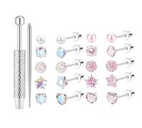 Juego de 12 Piercings para La Nariz con Herramientas, Estrella y Corazón Circonita Colores Integrados, Piercing Aro, Cartílago, Hélix Trago