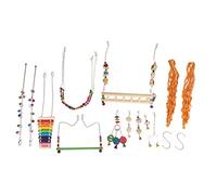 Juego de 12 piezas de juguetes de gallinero coloridos con lira colgante de puente colgante, escalera de frutas, tenedores de frutas, espejo de ratán, juego de cuerdas