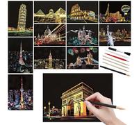 Juego de 12 piezas de papel de arte para rascar arcoíris con herramientas para rascar, monumentos de ciudades famosas para adultos (tamaño A5)