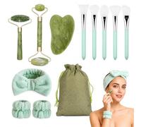 Juego de 12 Piezas para Cuidado Facial, Rodillo de Jade, Herramienta de Guasha, 5 Pinceles de Mascarilla, 2 Pulseras