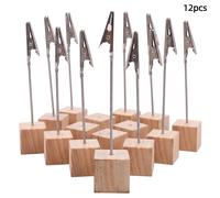 Juego de 12 pinzas para fotos de acero inoxidable color madera natural, que una base de madera (para pinzas de notas) y una base de marco de fotos con pinza de