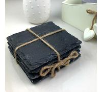 Juego de 12 Posavasos Cuadrados de Pizarra 100% Natural, Patas de Espuma antiarañazos, Gran Idea de Regalo, tamaño: 10 x 10 x 1 cm, Color Negro