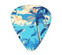 Juego de 12 púas de guitarra cómodas en la mano con bordes lisos. Tres grosores para combinar con palmeras y tortugas marinas buceando bajo el agua. Impresión