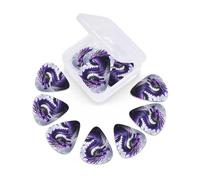 Juego de 12 púas de guitarra con estuche de almacenamiento, diseño de dragón morado y luna, púas de guitarra para bajo eléctrico y acústico, 0,46 mm, 0,71 mm, 0,96 mm, delgadas, medianas y pesadas