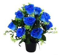 Juego de 12 rosas artificiales de seda con maceta para boda, hogar, decoración de tumbas, arreglos florales para interiores, múltiples opciones de colores (azul)