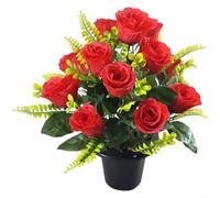 Juego de 12 rosas artificiales de seda con maceta para boda, hogar, decoración de tumbas, arreglos florales para interiores, múltiples opciones de colores (rojo)