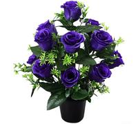 Juego de 12 rosas artificiales de seda con maceta para boda, hogar, decoración de tumbas, arreglos florales para interiores, múltiples opciones de colores (morado)