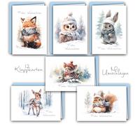Juego de 12 tarjetas de Navidad plegables con sobres A6, sobres brillantes, Feliz Navidad, Navidad, Navidad, acuarela, animales del bosque, ciervo, zorro, conejo, búho, ardilla, ratón