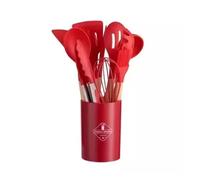 Juego de 12 utensilios cocina silicona antiadherentes: espátula, pala, batidor huevos y herramientas con mango madera(Red 12Pcs)