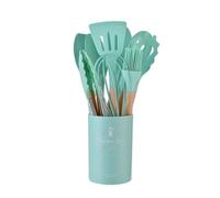 Juego de 12 utensilios cocina silicona antiadherentes: espátula, pala, batidor huevos y herramientas con mango madera(Green 12Pcs)