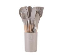 Juego de 12 utensilios cocina silicona antiadherentes: espátula, pala, batidor huevos y herramientas con mango madera(Khaki 12Pcs)