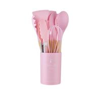 Juego de 12 utensilios cocina silicona antiadherentes: espátula, pala, batidor huevos y herramientas con mango madera(Pink 12Pcs)