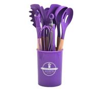 Juego de 12 utensilios de cocina de silicona con mango de madera antiadherente, cubo de almacenamiento, utensilios de cocina de silicona (morado, 12 piezas)