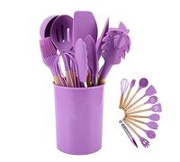 Juego de 12 utensilios de cocina de silicona resistentes al calor, pinzas para voltear, espátula, cuchara, cepillo, batidor. Manijas de madera gris para utensilios de cocina antiadherentes (violeta)