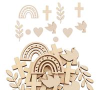 Juego de 120 piezas de decoración de madera para bautismo, 6 motivos de cruz, paloma, corazón, arco iris, hojas circulares, elementos decorativos de madera de boj natural, artículos de manualidades