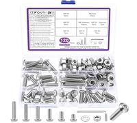 Juego de 120 tornillos M8, tornillos hexagonales hexagonales, tornillos roscados plateados con tuercas con arandelas, tornillos de cabeza alomada y tuercas, juego de tornillos para bicicleta, con