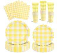 Juego de 125 piezas de vajilla festoneada amarilla para fiesta, platos desechables de papel amarillo, servilletas, vasos para cena, postre, suministros de fiesta de cumpleaños
