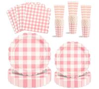 Juego de 125 piezas de vajilla festoneada rosa para fiesta, platos desechables de papel rosa, servilletas y vasos para cena, postre, suministros de fiesta de cumpleaños