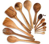 Juego de 13 cucharas de madera, utensilios de cocina de madera de acacia, incluye cucharas de madera, espátula, cucharón de sopa, juego de cucharas medidoras para uso en cocina, utensilios de madera