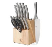 Juego de 13 cuchillos con bloque y afilador incorporado, juego de cuchillos de cocina de acero inoxidable con bloque de madera de caucho, juego de cuchillos de chef multiusos con mango de acero