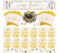 Juego de 133 mesas decorativas de cumpleaños, color dorado, 20 servilletas "Happy Birthday", 12 portavelas, 100 confeti, 1 mantel de 180 x 33 cm, decoración elegante y respetuosa con el medio ambiente