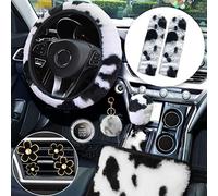 Juego de 14 accesorios esponjosos para coche, silencio de compras, diseño de vaca, esponjoso, funda para volante de felpa, accesorios de decoración de coche para mujeres y niñas (blanco y negro)
