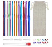 Juego de 14 agujas de ganchillo de aluminio, Set de agujas de ganchillo para tejer, 2,0 mm - 10,0 mm, con 10 marcadores de punto, con bolsa de almacenamiento y 9 botellas de agujas