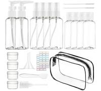 Juego de 14 botellas de viaje vacías de 50 ml, contenedor de tamaño de viaje, con bolsa de líquidos para equipaje de mano, embudo pequeño, cepillo, bote de almacenamiento de 20 g, con 1 pegatina con