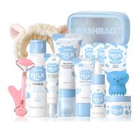 Juego de 14 piezas de cuidado de la piel de leche para adolescentes y niñas - Juego de cuidado de la piel para mujer con extracto de leche, kit de belleza de viaje para el cuidado facial, la vida