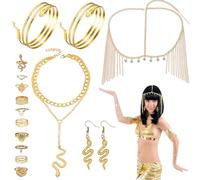 Juego de 15 accesorios para disfraz egipcio, incluye tocado, borla, collar de cobra, brazalete de serpiente en remolino y 10 anillos, disfraz de antiguo Egipto para mujer, fiesta vintage, disfraz de