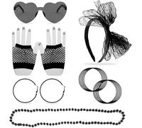 Juego de 15 accesorios ropa años 80, accesorios encaje para cabello, collares neón, aretes vintage, guantes red, pulseras silicona coloridas, gafas corazón, fiesta temática años 80, black, Negro