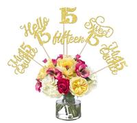 Juego de 15 centros de mesa "Happy 15th Birthday" Hello 15 Sweet 15 - Adornos florales para 15 cumpleaños - Suministros de fiesta temáticos dorados