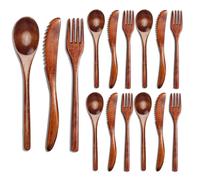 Juego de 15 cubiertos de madera con cuchara, tenedor y cuchillo. Juego de utensilios de madera para la cena.