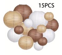 Juego de 15 faroles de papel marrón estilo bohemio, que miden de 9.84 a 5.91 pulgadas, con una café, y caqui. Ideal para celebraciones de de otoño, rurales y decoraciones .