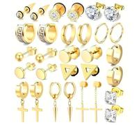 Juego de 15 pares de aretes para hombre y mujer, aretes góticos punk Y2K de acero inoxidable, aro, colgante, cruz, aretes de tuerca en negro, plata y oro, joyería de moda regalo para él y ella