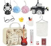 Juego de 16 accesorios de viaje en miniatura, decoración vintage en miniatura con gafas de duende, pechos dentífricos, pasta de dientes, libros, mini cámara, maleta, maleta de gnomos, miniatura